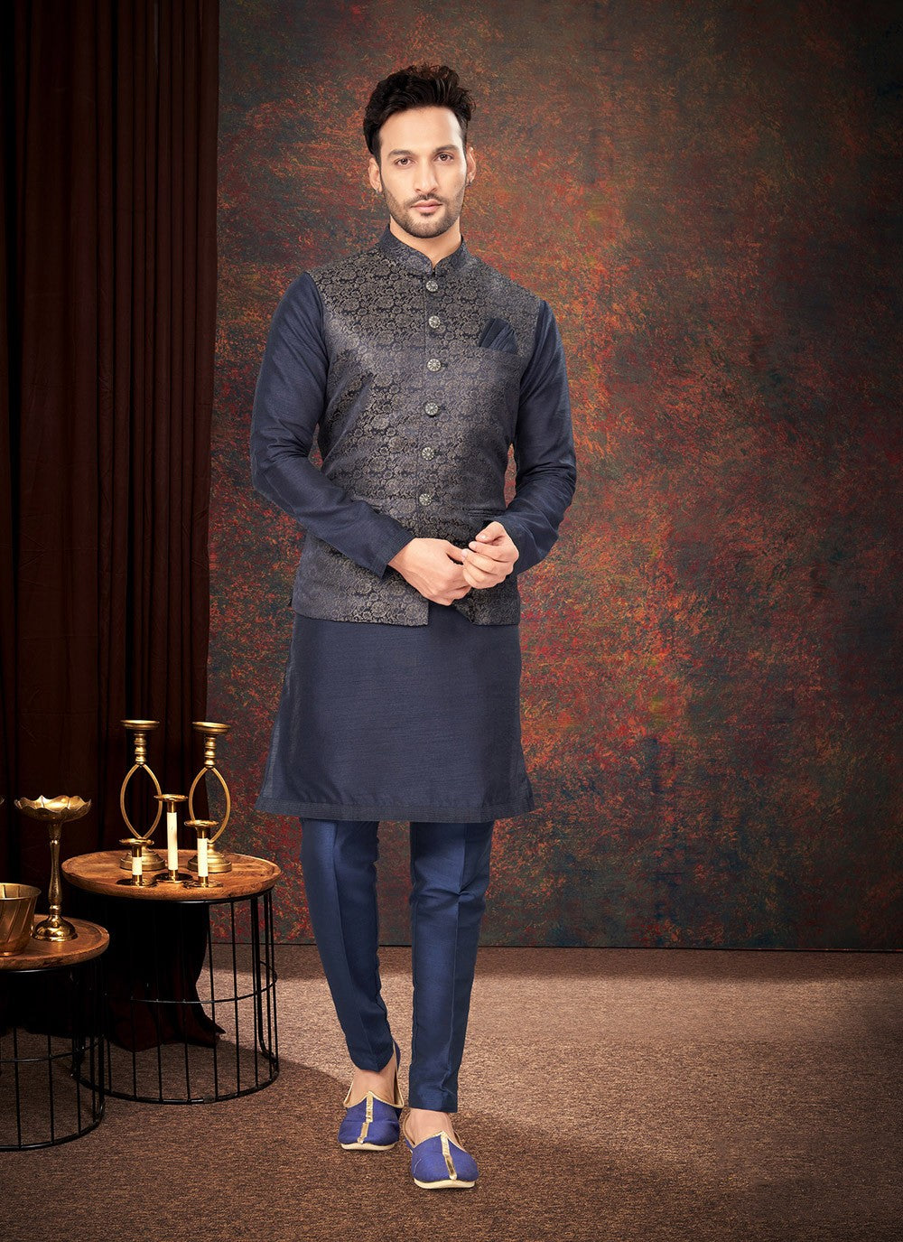 Fancy Work Jacquard Navy Blue Kurta Payjama With Jacket - M7187