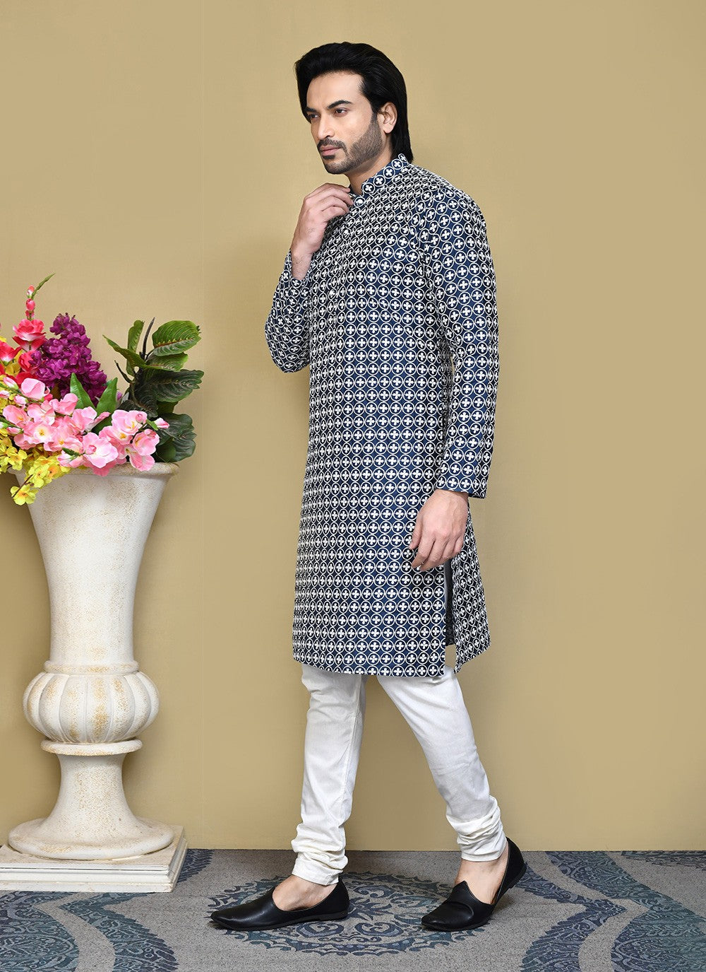 Buttons Cotton Navy Blue Kurta Pyjama - M7783