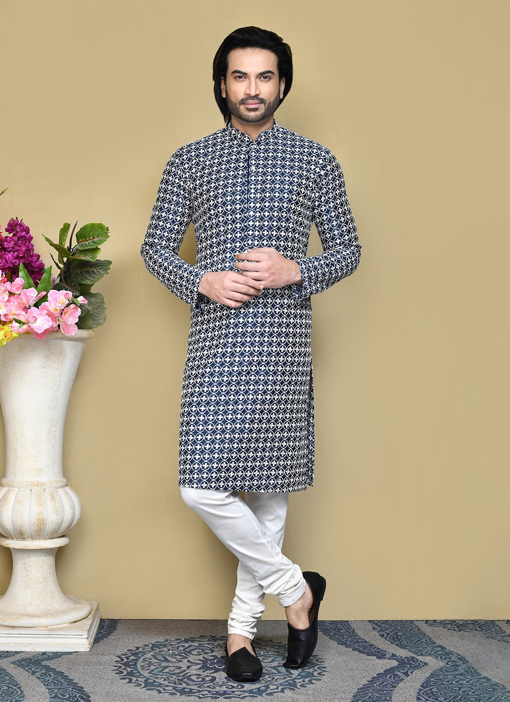 Buttons Cotton Navy Blue Kurta Pyjama - M7783