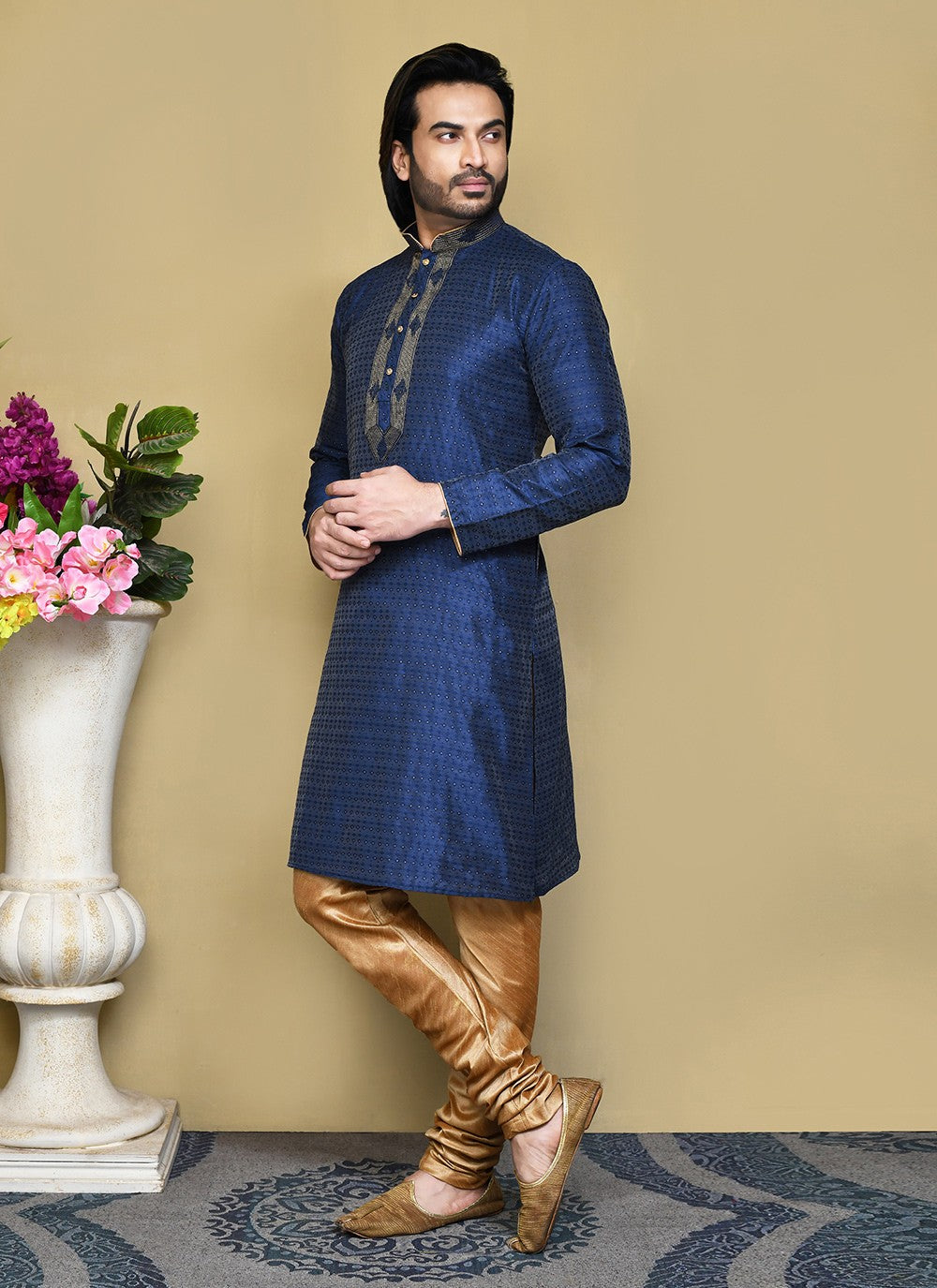 Resham Art Silk Navy Blue Kurta Pyjama - M7839