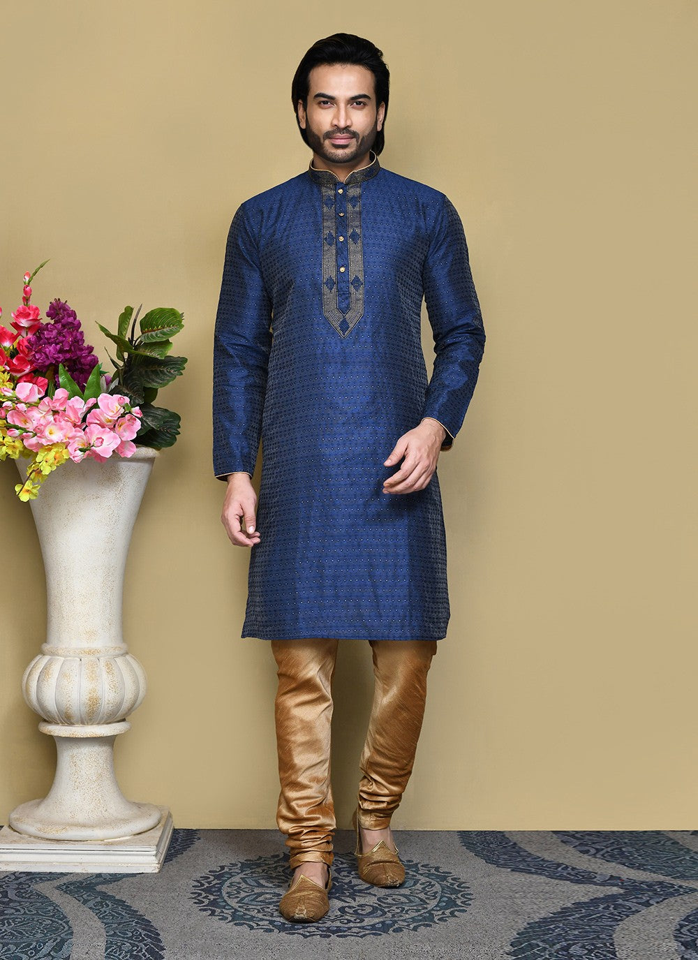 Resham Art Silk Navy Blue Kurta Pyjama - M7839