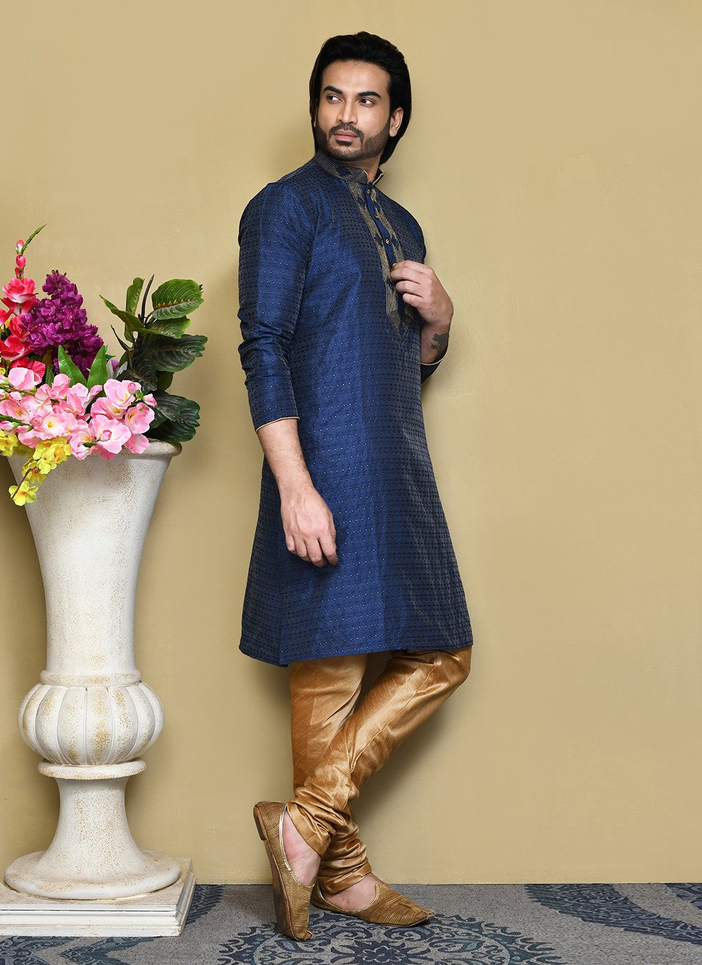 Resham Art Silk Navy Blue Kurta Pyjama - M7839