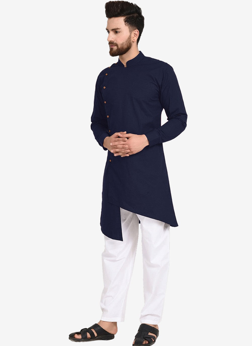 Plain Blended Cotton Navy Blue Kurta Pyjama - M4483