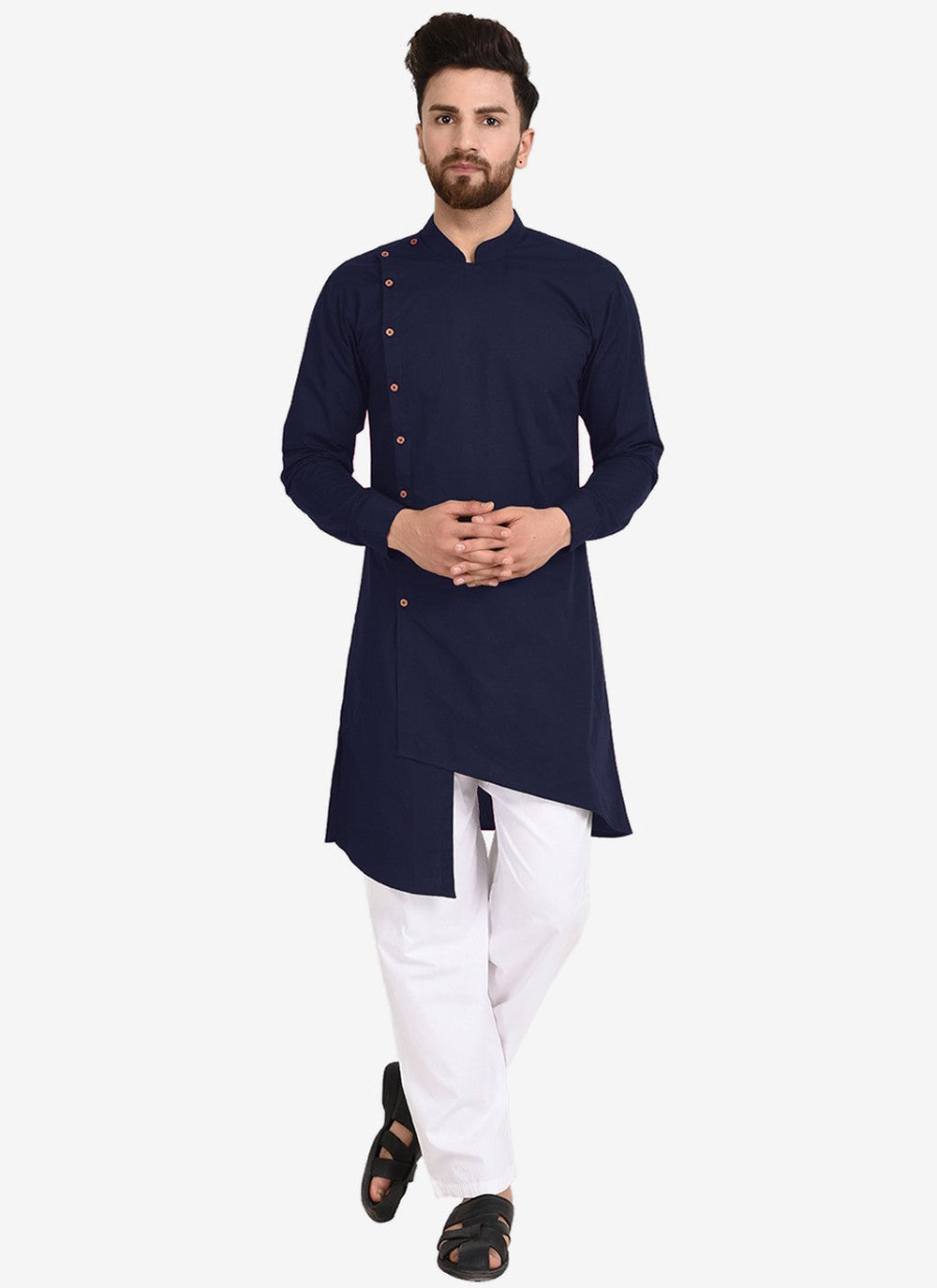 Plain Blended Cotton Navy Blue Kurta Pyjama - M4483