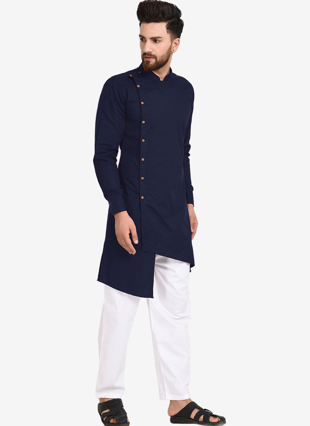 Plain Blended Cotton Navy Blue Kurta Pyjama - M4483