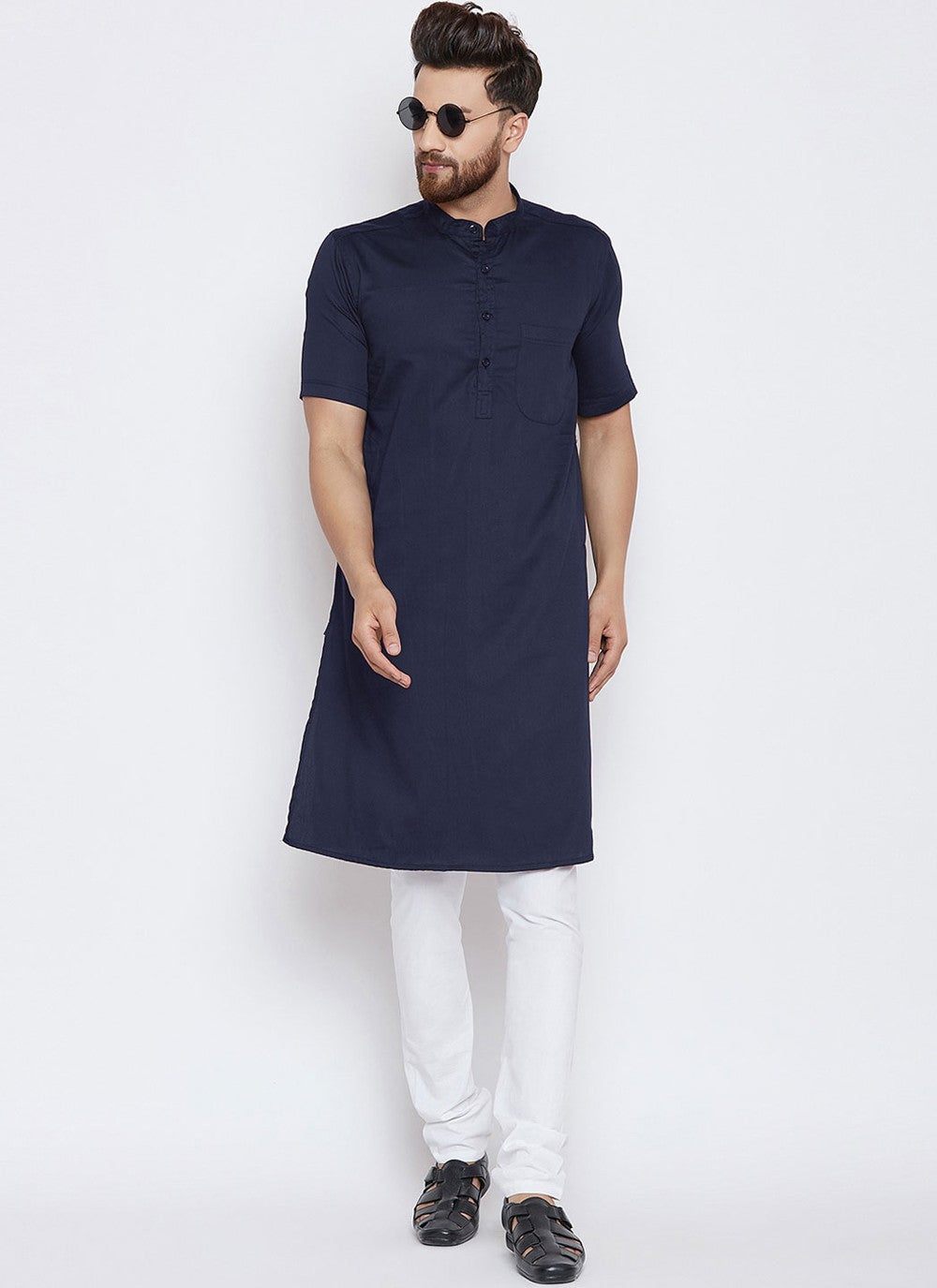 Plain Blended Cotton Navy Blue Kurta Pyjama - M4489