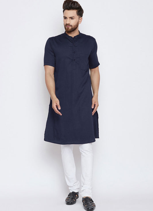 Plain Blended Cotton Navy Blue Kurta Pyjama - M4489