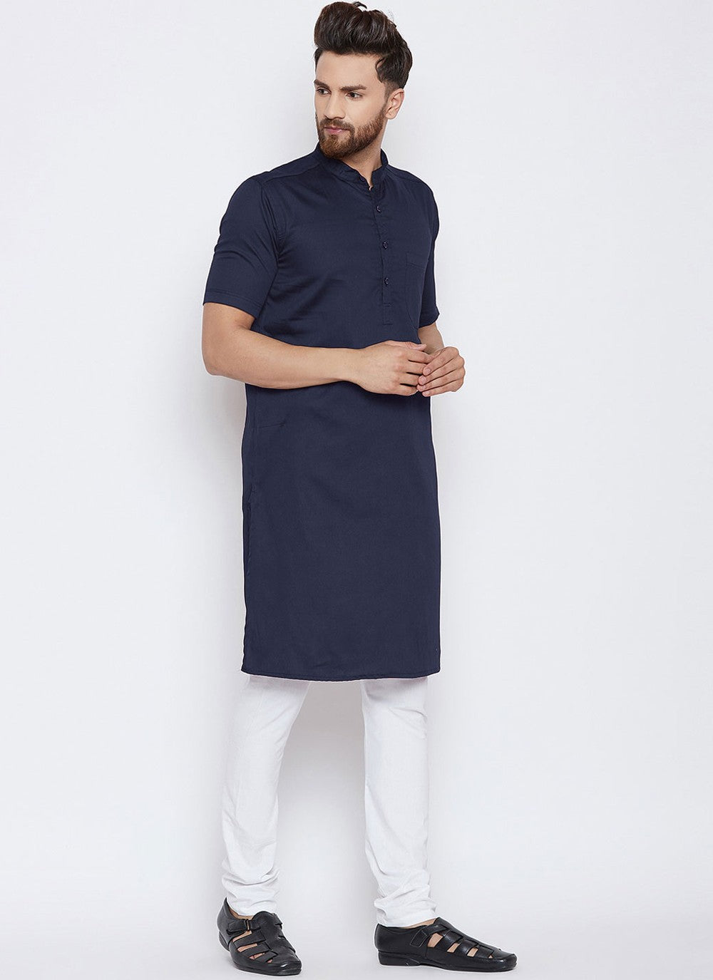 Plain Blended Cotton Navy Blue Kurta Pyjama - M4489