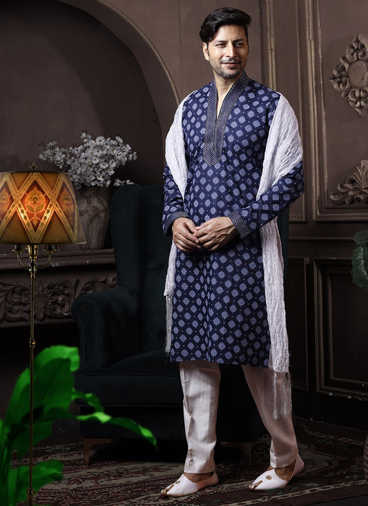 Printed Cotton Navy Blue Kurta Pyjama - M3652