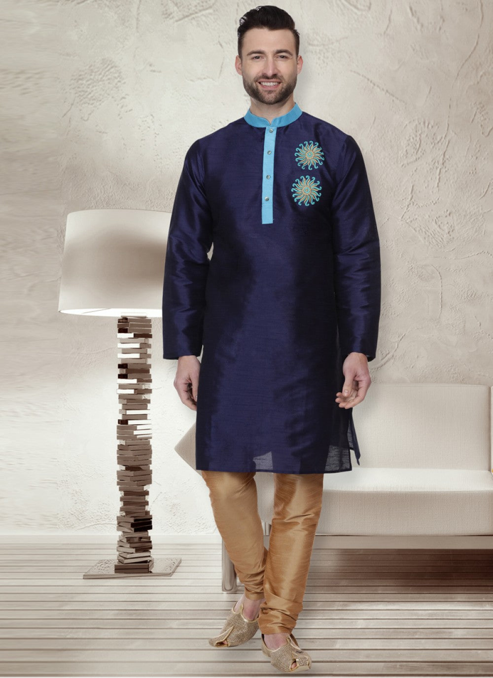 Embroidered Dupion Silk Navy Blue Kurta Pyjama - M1054