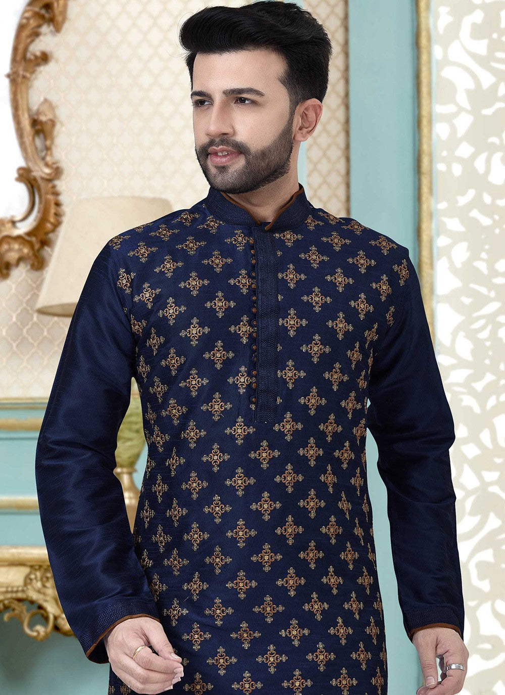 Embroidered Dupion Silk Navy Blue Kurta Pyjama - M3872