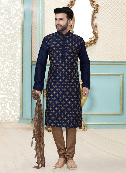 Embroidered Dupion Silk Navy Blue Kurta Pyjama - M3872