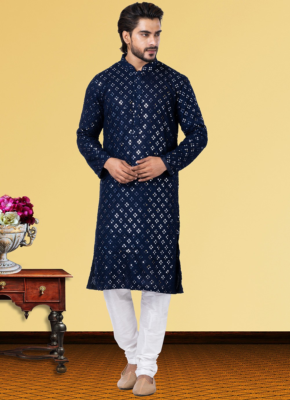 Embroidered Georgette Navy Blue Kurta Pyjama - M3726