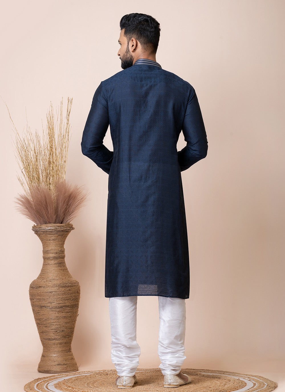 Printed Jacquard Navy Blue Kurta Pyjama - M8556