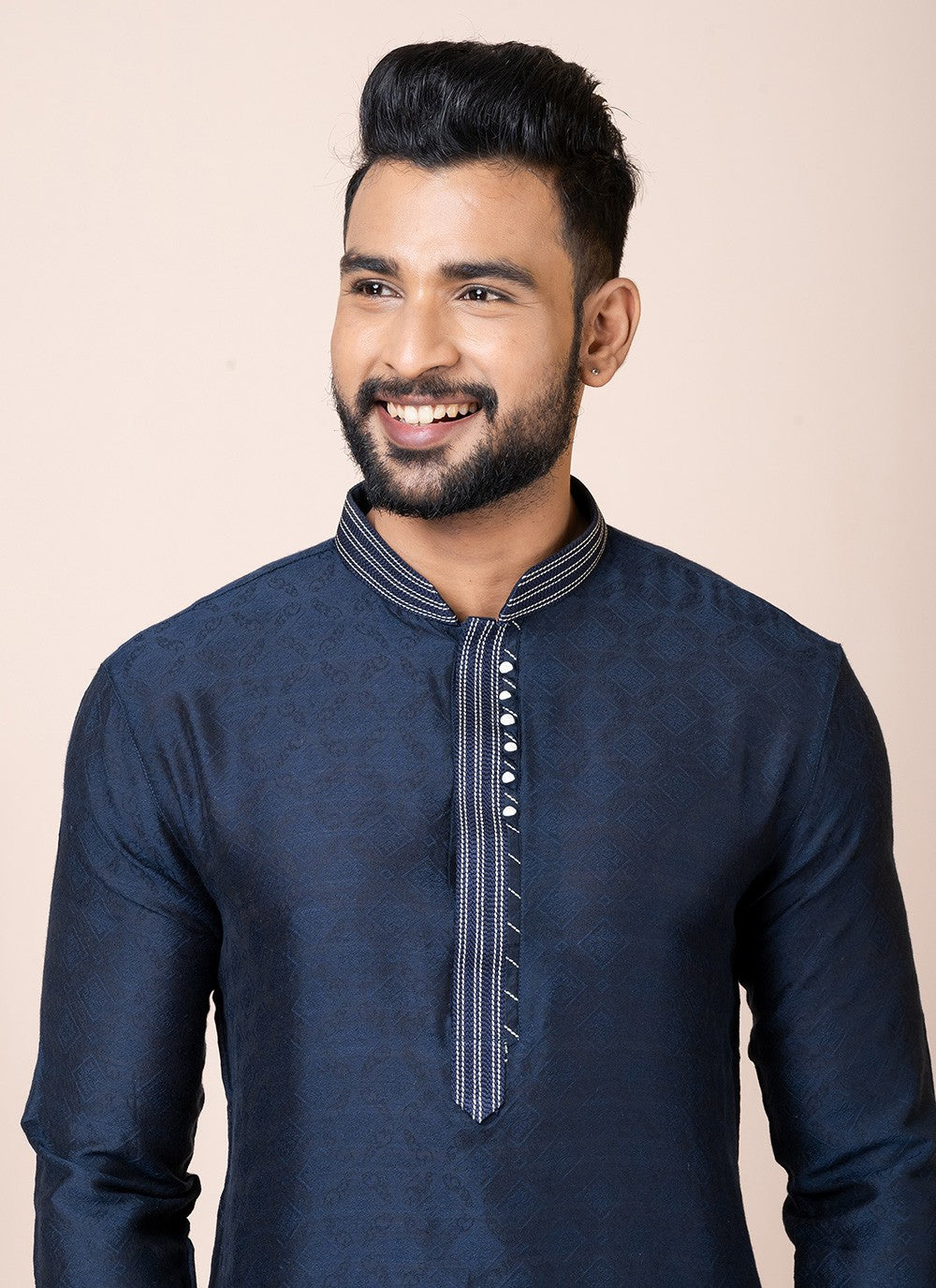 Printed Jacquard Navy Blue Kurta Pyjama - M8556