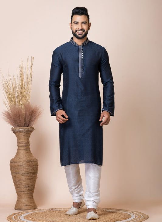 Printed Jacquard Navy Blue Kurta Pyjama - M8556