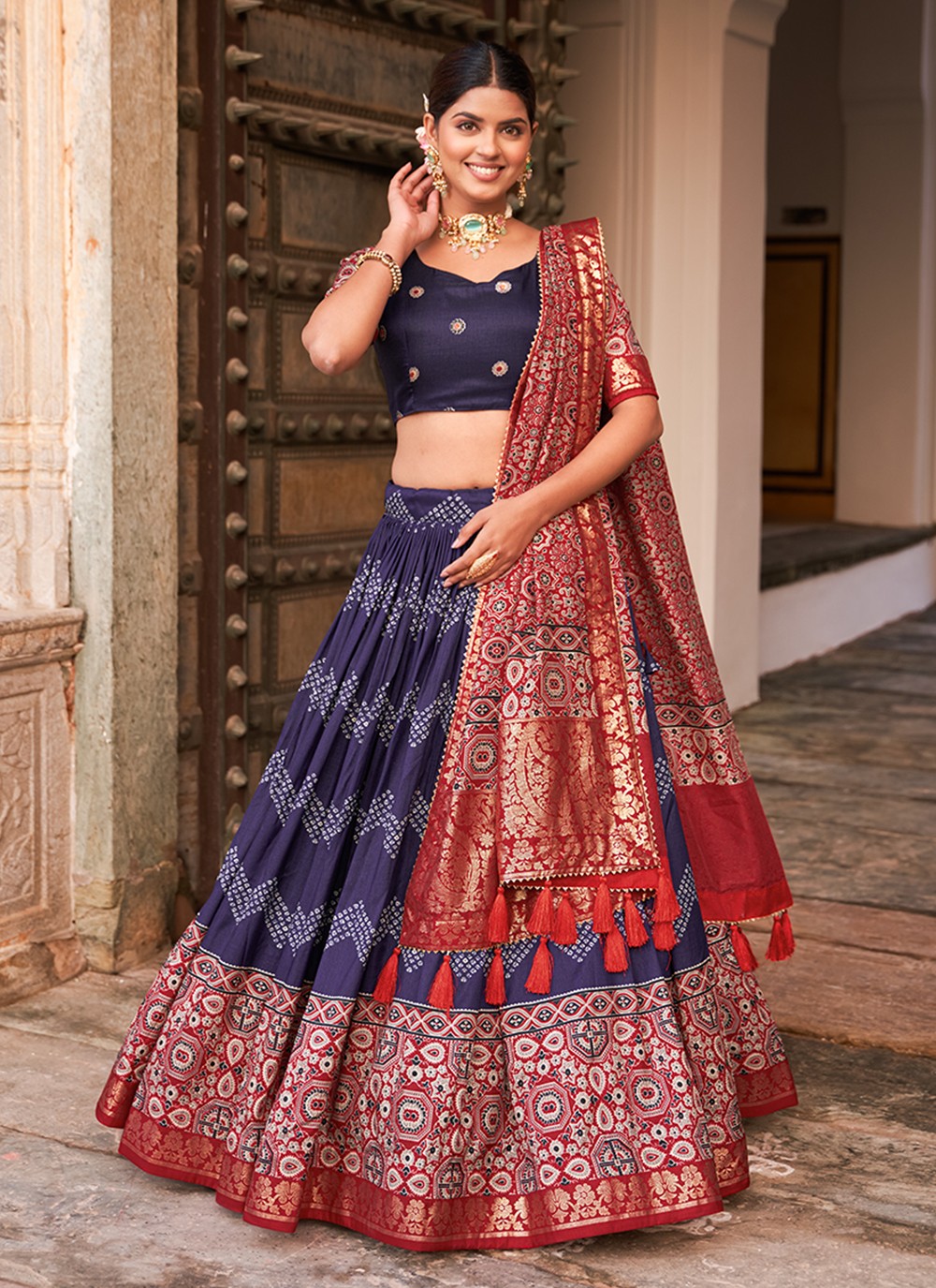 Foliage Prints Tussar Silk A - Line Lehenga - L1518