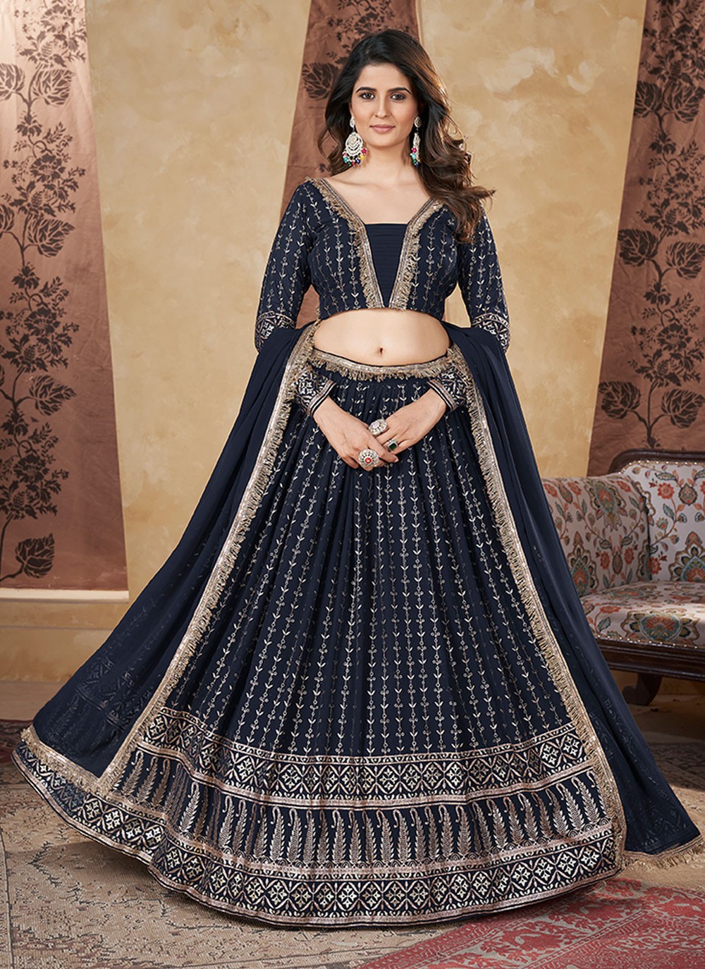 Foliage Prints Georgette A - Line Lehenga - L1668