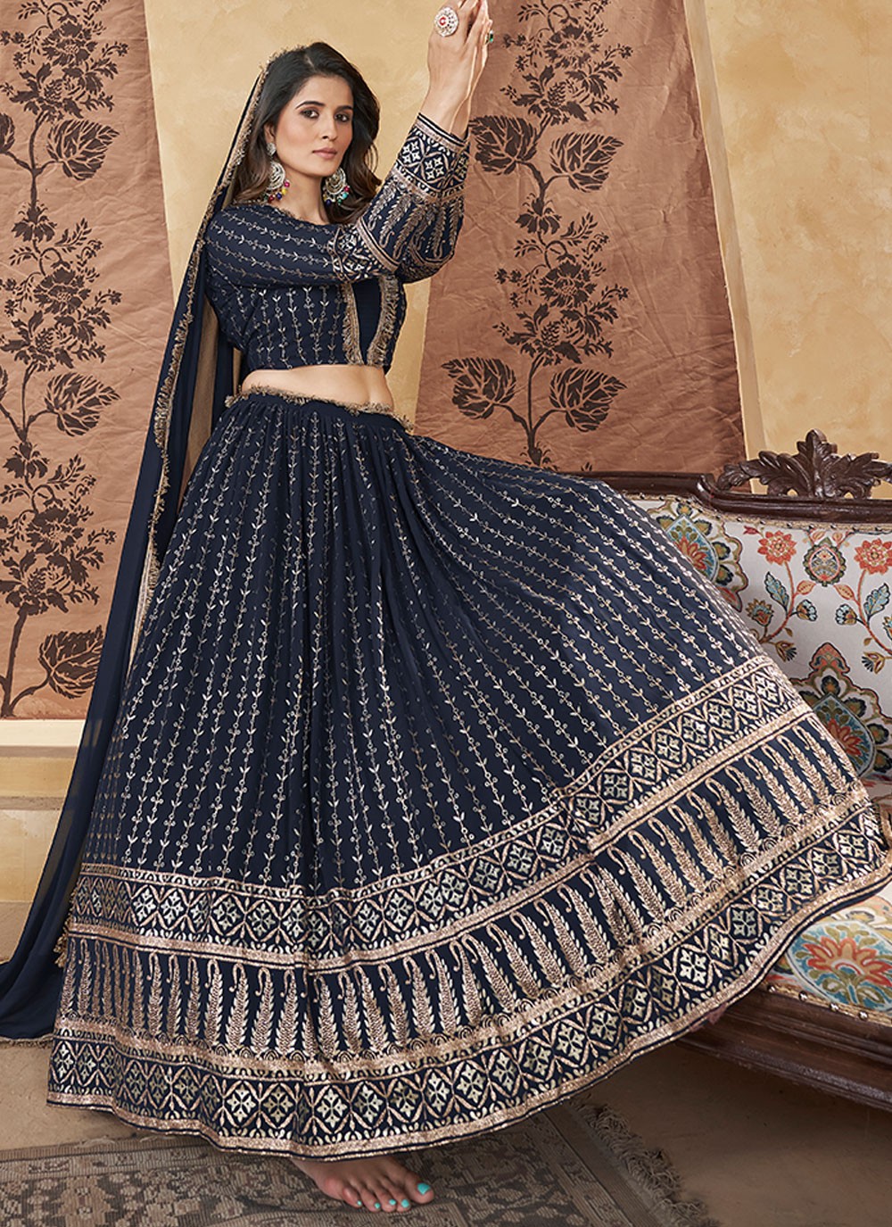 Foliage Prints Georgette A - Line Lehenga - L1668