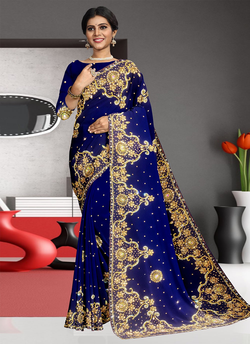 Classic Hand Embroidery Georgette Saree - S1972