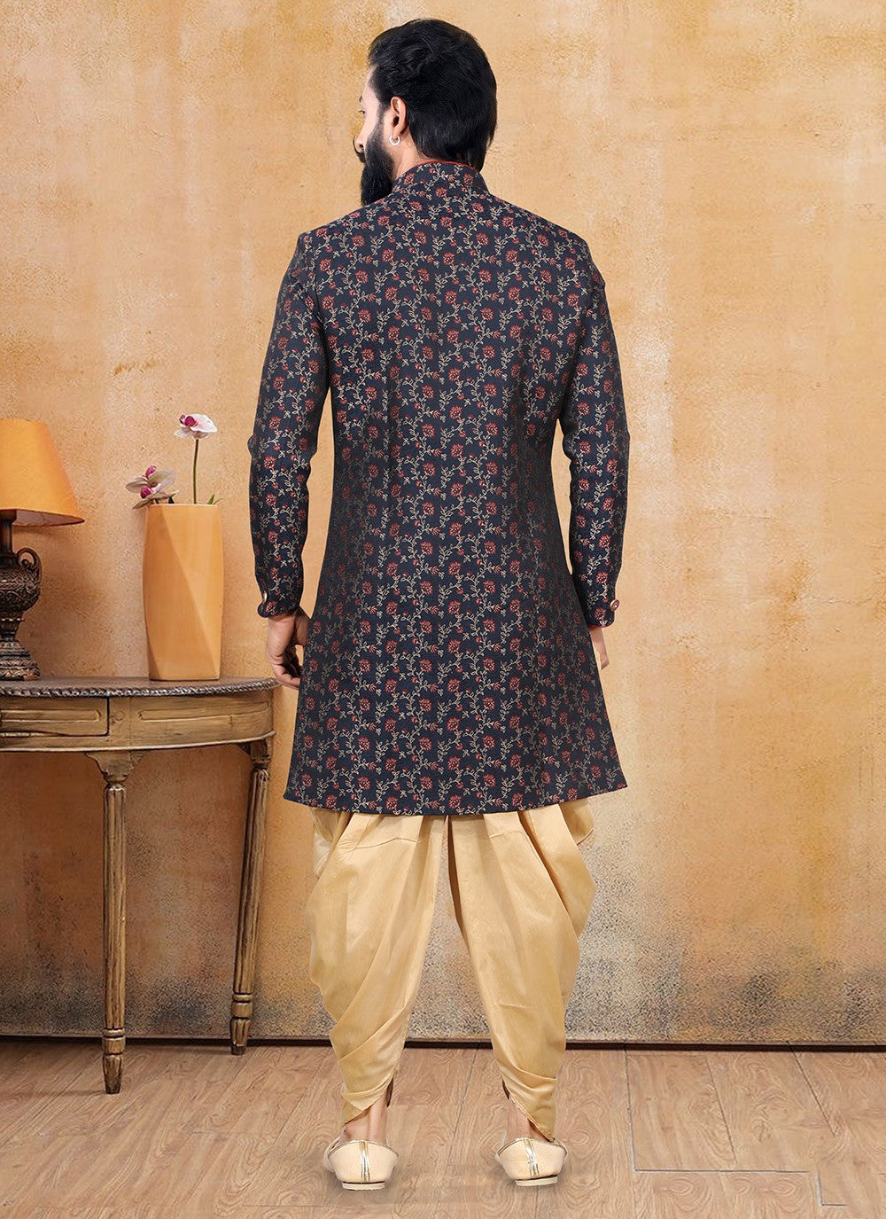 Fancy Work Jacquard Navy Blue Dhoti Kurta - M3369