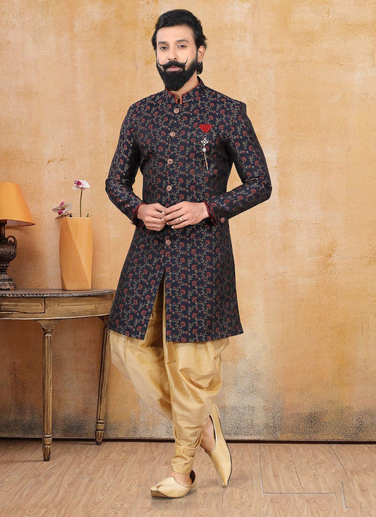 Fancy Work Jacquard Navy Blue Dhoti Kurta - M3369