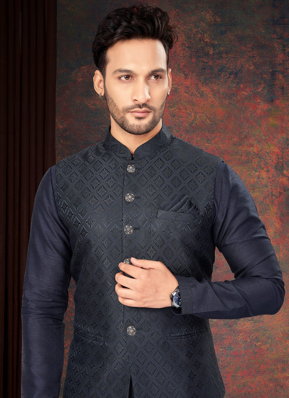 Fancy Work Jacquard Navy Blue Kurta Payjama With Jacket - M7185