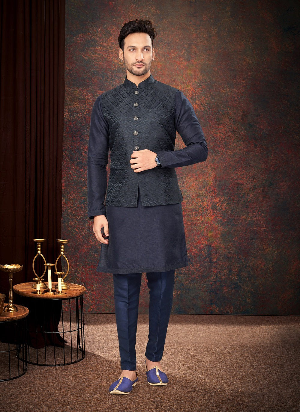 Fancy Work Jacquard Navy Blue Kurta Payjama With Jacket - M7185