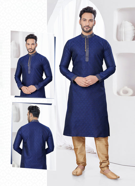 Machine Embroidery Jacquard Navy Blue Kurta Pyjama - M7550