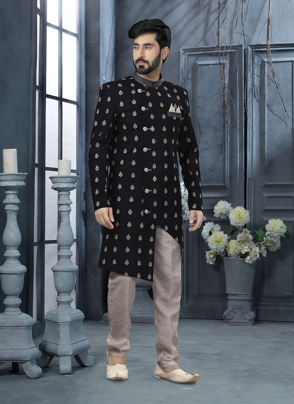 Machine Embroidery Jacquard Navy Blue Indo Western Sherwani - M2878