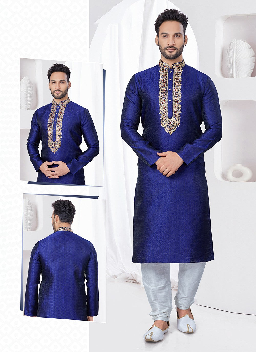 Machine Embroidery Jacquard Navy Blue Kurta Pyjama - M7556