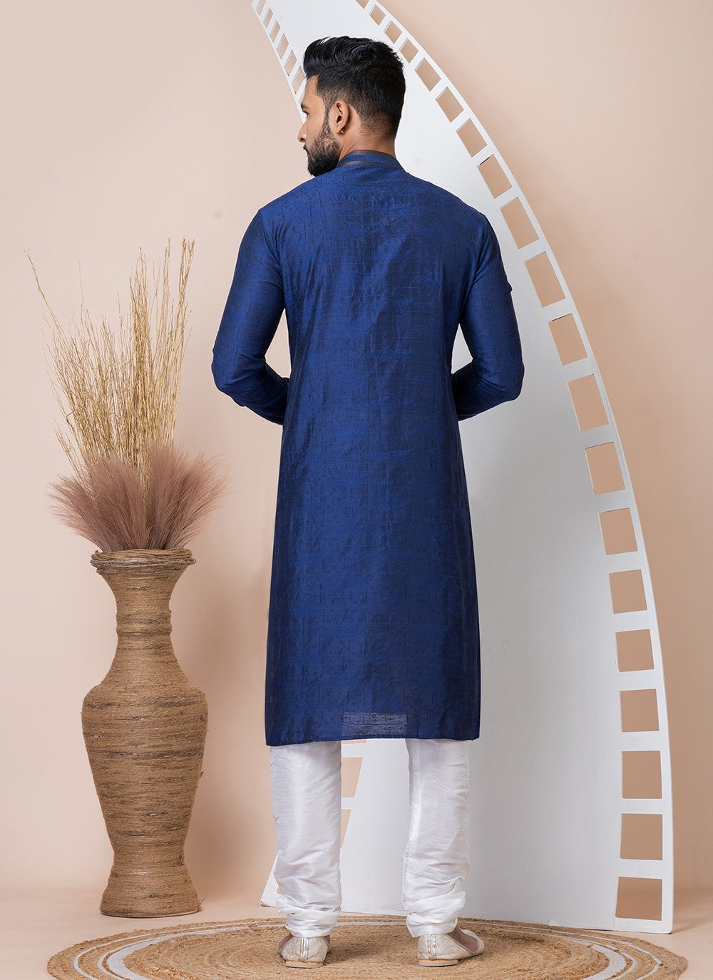 Printed Jacquard Navy Blue Kurta Pyjama - M8552