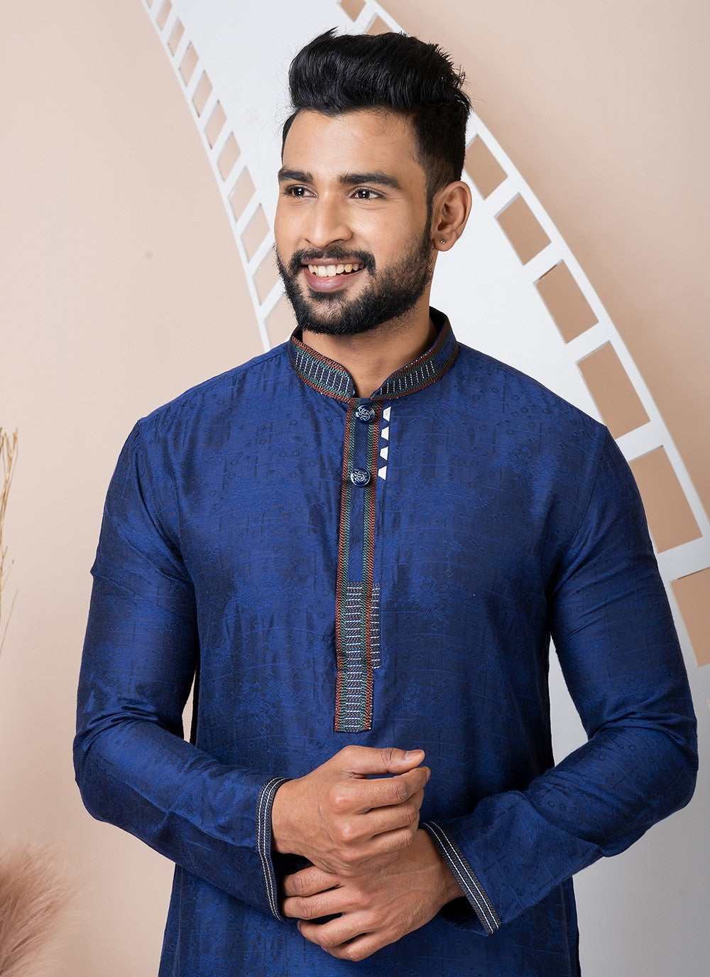 Printed Jacquard Navy Blue Kurta Pyjama - M8552