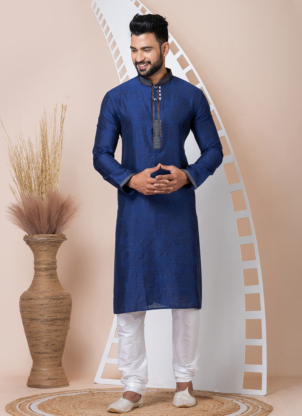 Printed Jacquard Navy Blue Kurta Pyjama - M8552