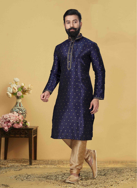 Embroidered Jacquard Silk Navy Blue Kurta Pyjama - M1732