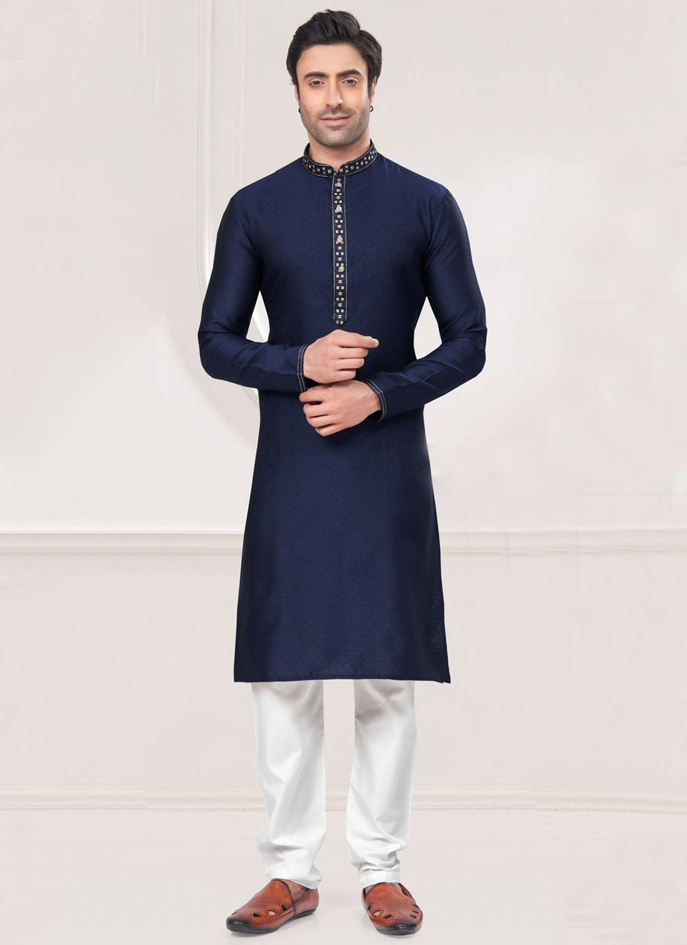 Embroidered Jacquard Silk Navy Blue Kurta Pyjama - M7363