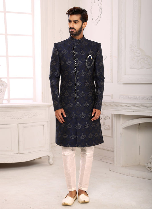 Jacquard Work Imported Navy Blue Indo Western Sherwani - M3981