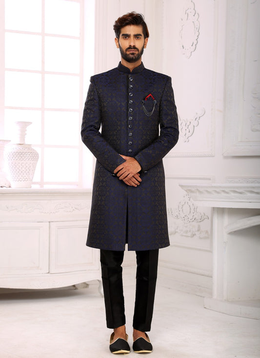 Jacquard Work Imported Navy Blue Indo Western Sherwani - M3999