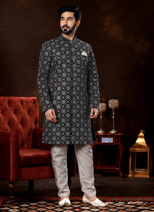 Embroidered Fancy Fabric Navy Blue Sherwani - M3076