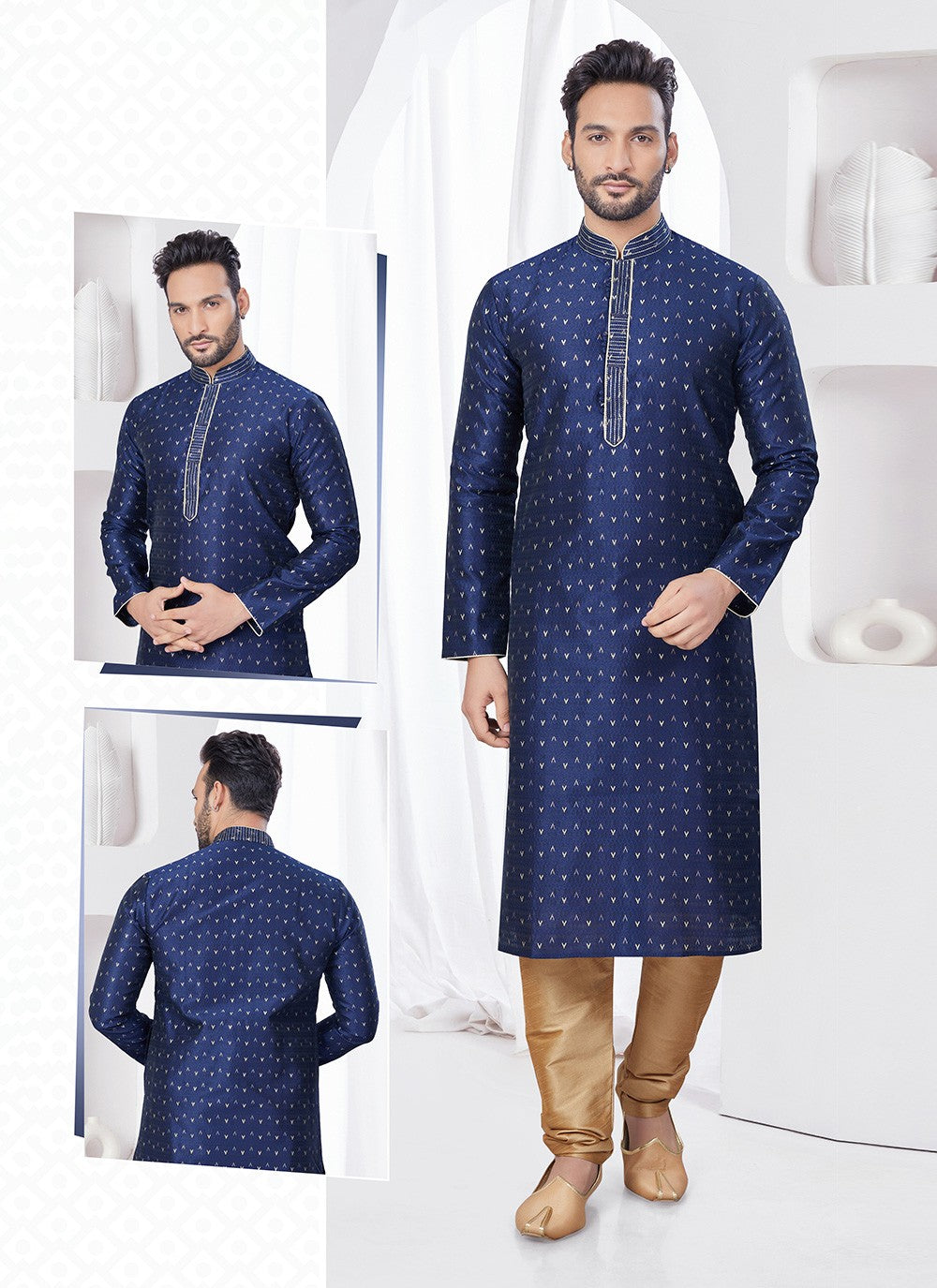 Machine Embroidery Jacquard Navy Blue Kurta Pyjama - M7552