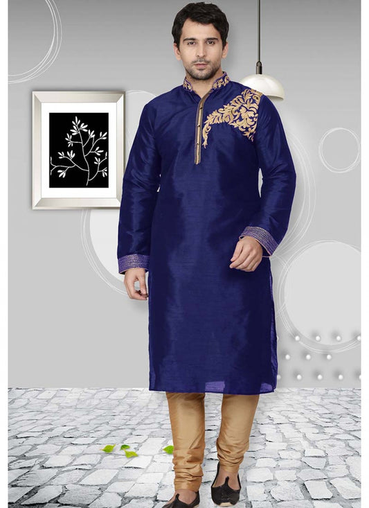 Embroidered Art Dupion Silk Navy Blue Kurta Pyjama - M1530