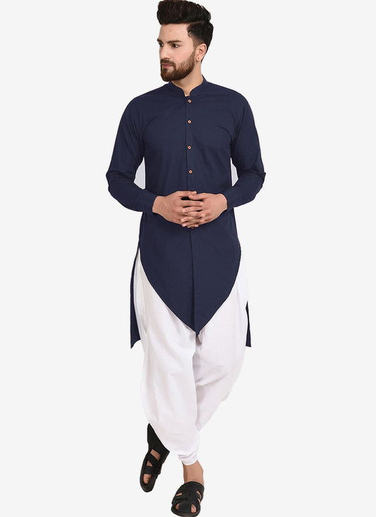 Plain Blended Cotton Navy Blue Dhoti Kurta - M4467