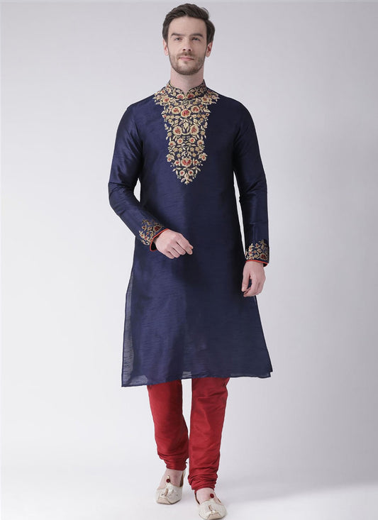 Embroidered Dupion Silk Navy Blue Kurta Pyjama - M3208