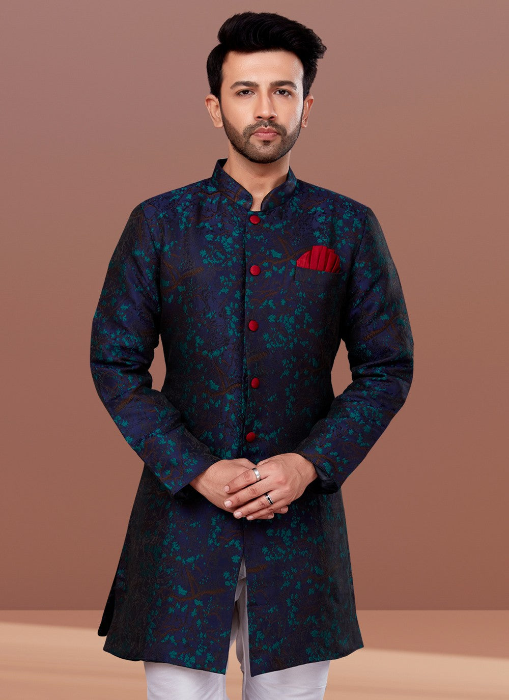 Fancy Work Jacquard Navy Blue Indo Western - M4633