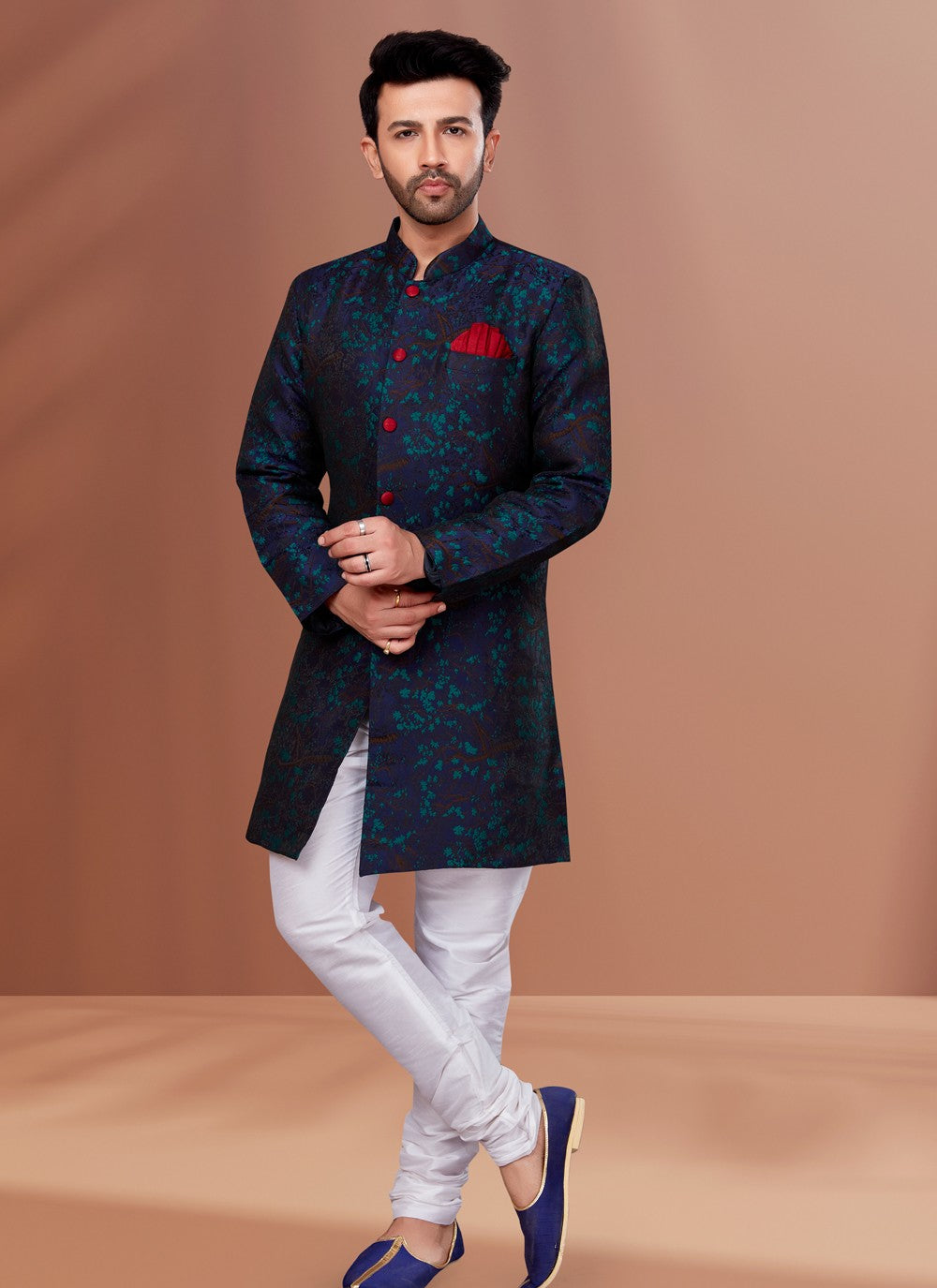 Fancy Work Jacquard Navy Blue Indo Western - M4633