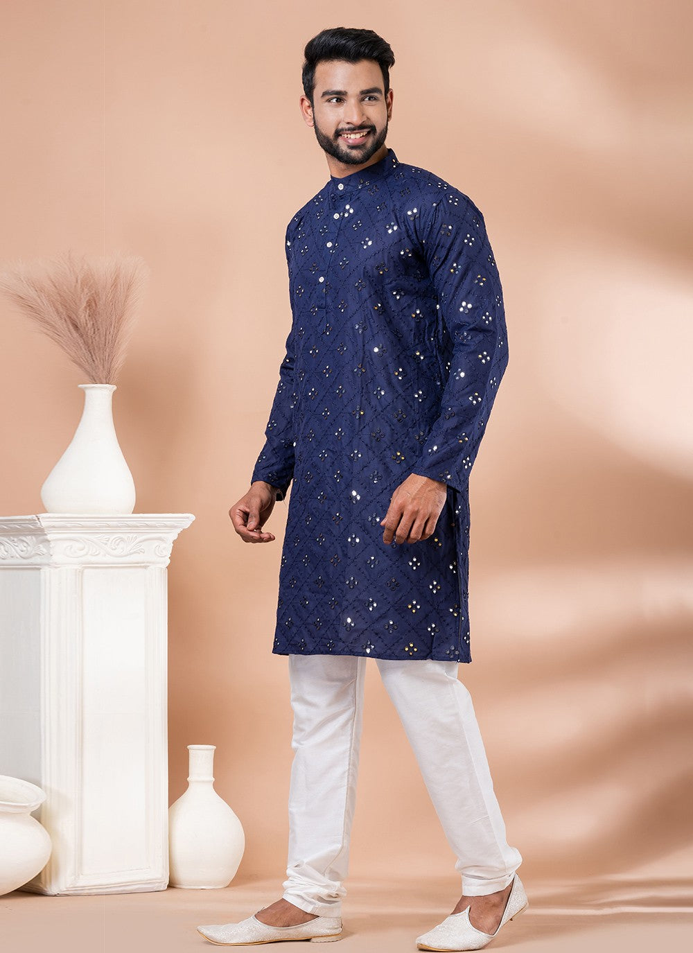 Mirror Cotton Navy Blue Kurta Pyjama - M7800