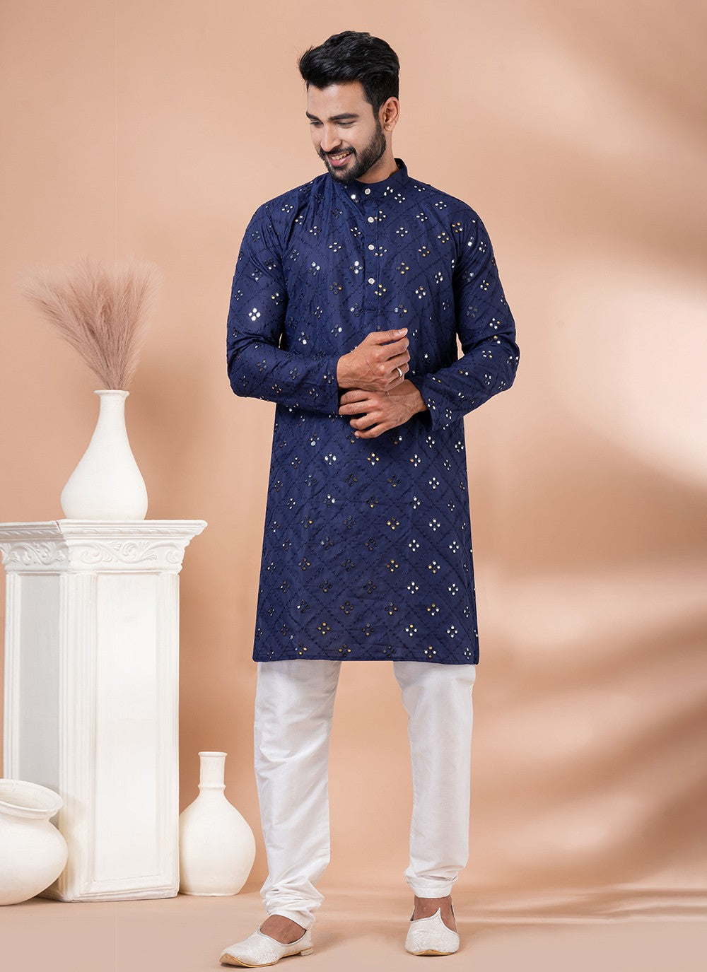 Mirror Cotton Navy Blue Kurta Pyjama - M7800