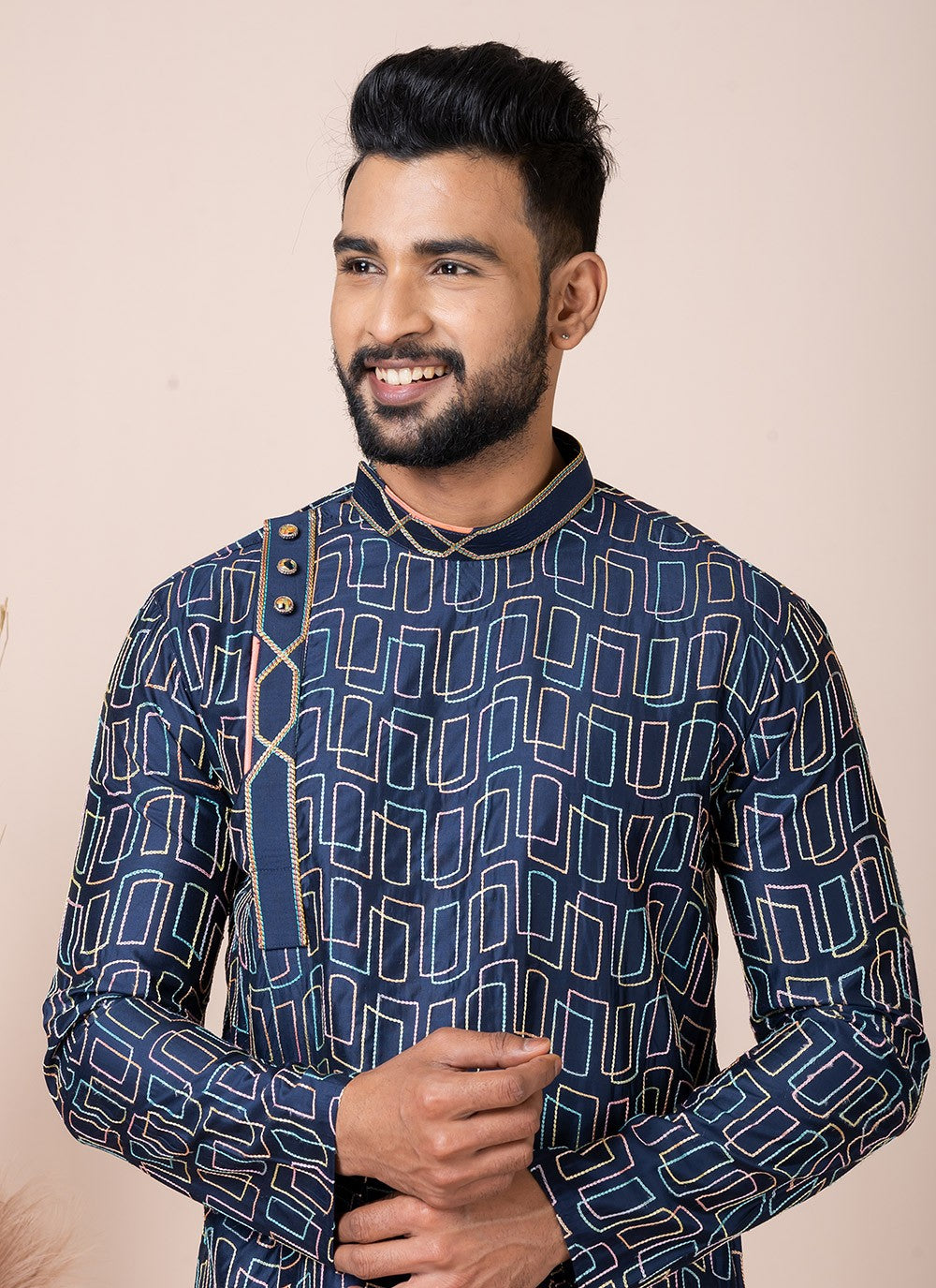 Printed Cotton Navy Blue Kurta Pyjama - M8541