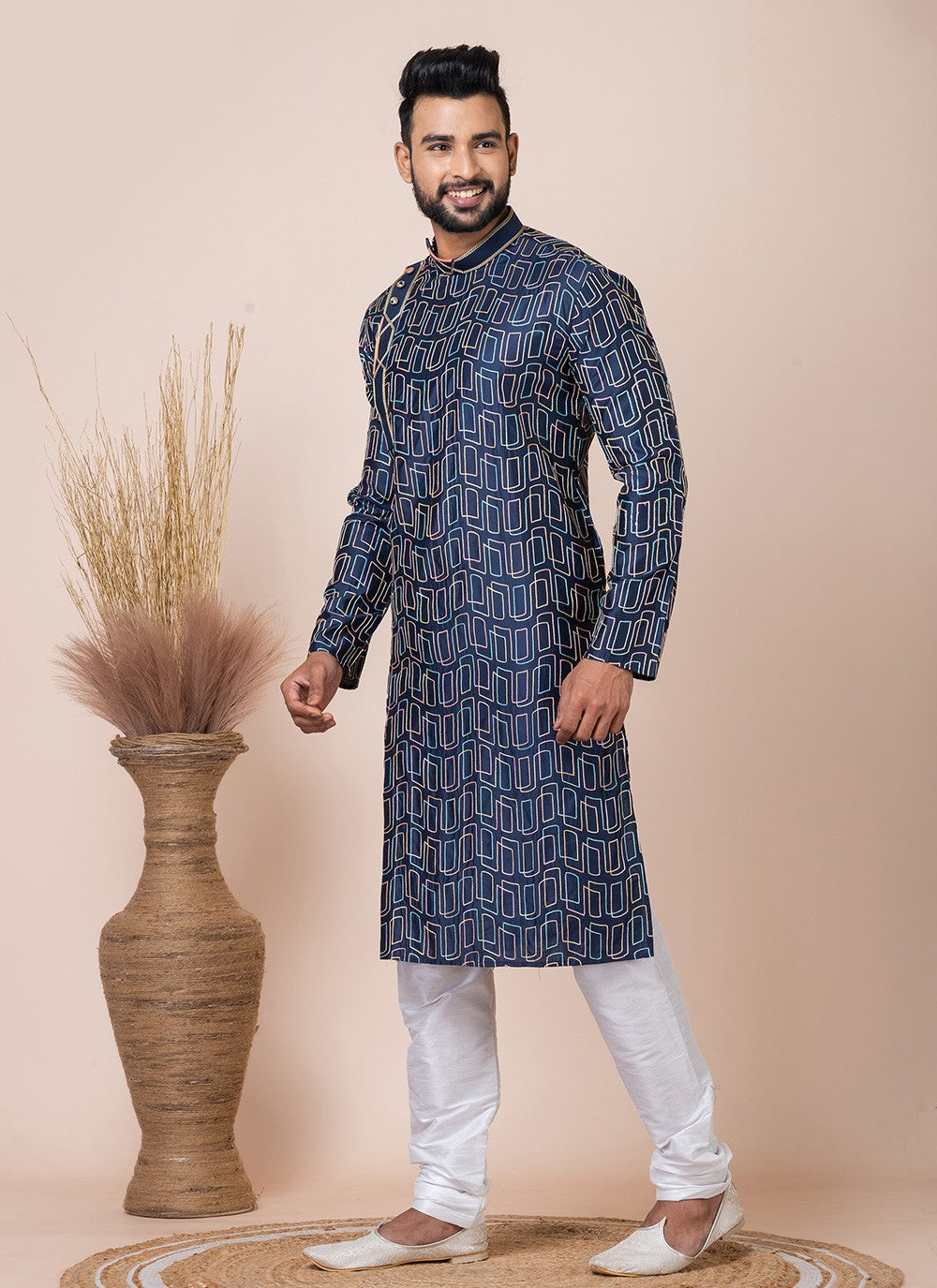 Printed Cotton Navy Blue Kurta Pyjama - M8541