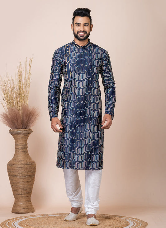 Printed Cotton Navy Blue Kurta Pyjama - M8541